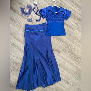 Y2K| Elegant Mermaid Royal Blue Satin Maxi Skirt & Matching Top Set